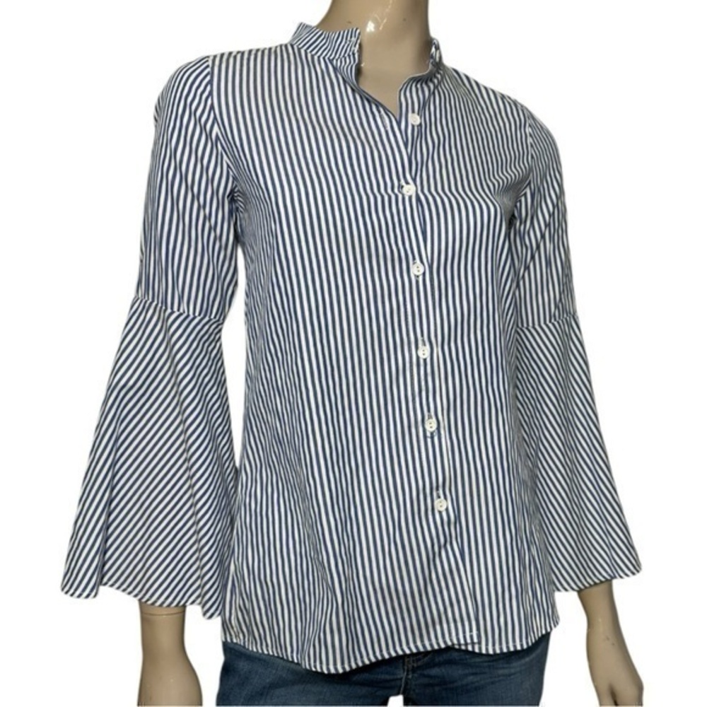 Alex Vinash Women’s Size S Navy Blue White Striped Bell Sleeve Button Down Shirt